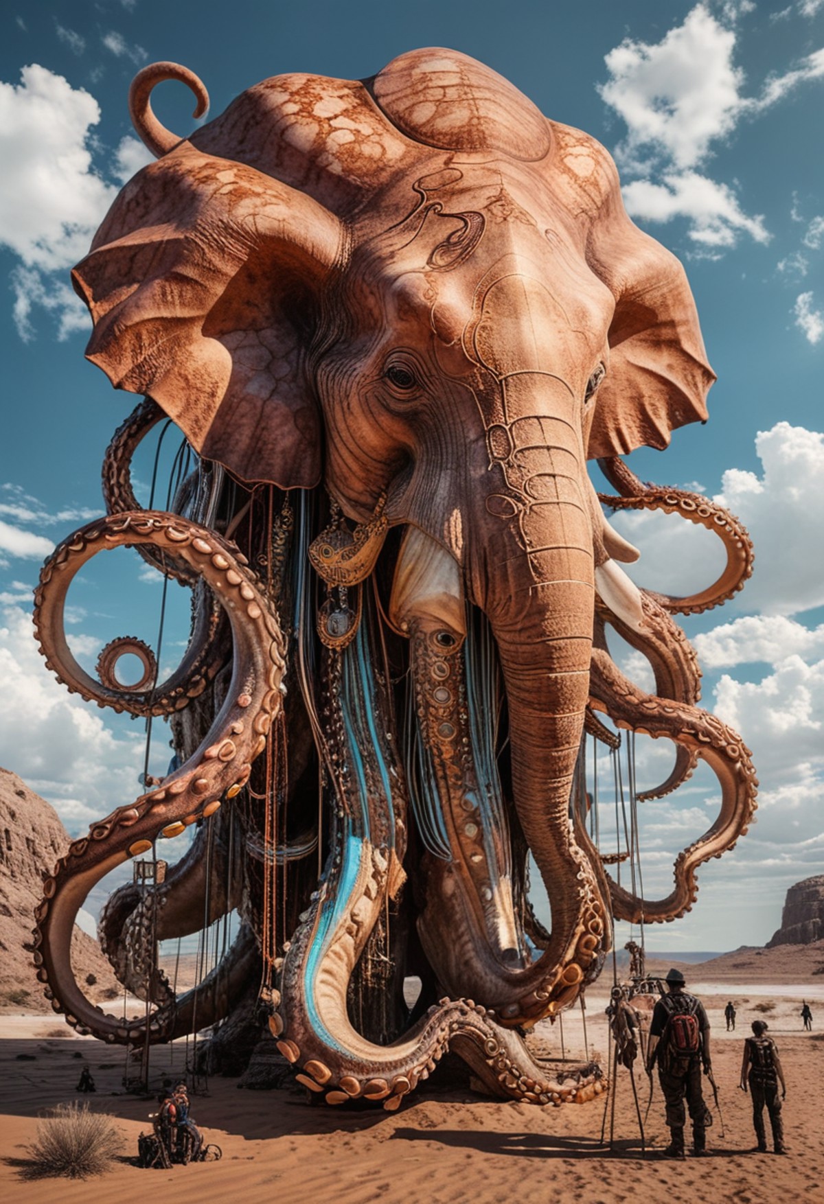 gigantic elefant octopus head, atmospheric,desert,black ink tattooed ,sky,cinematic, photorealisic,neon, photographic, med...